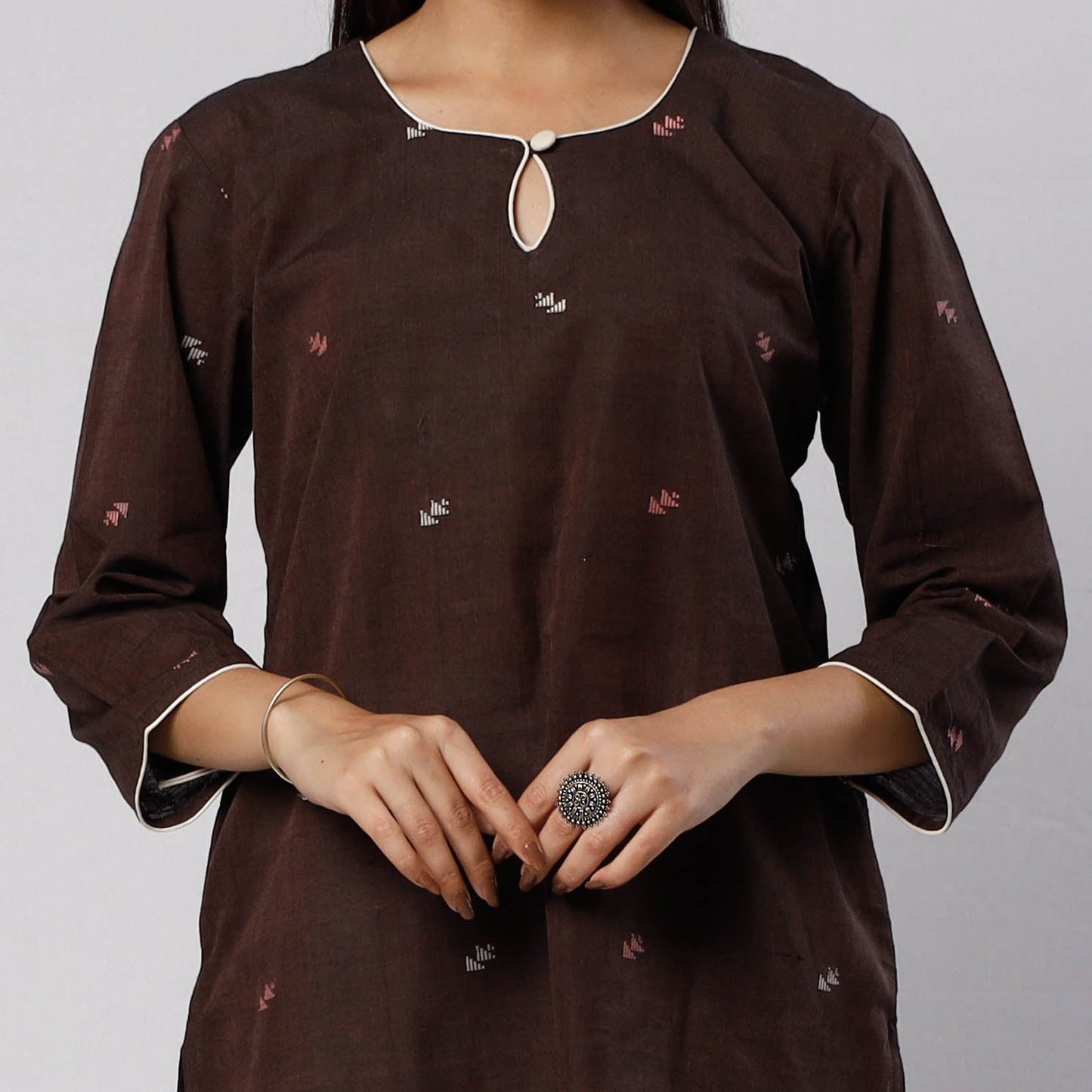 Dark brown jamdani handloom cotton short kurta - handcrafted