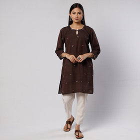 Dark brown jamdani handloom cotton short kurta - handcrafted