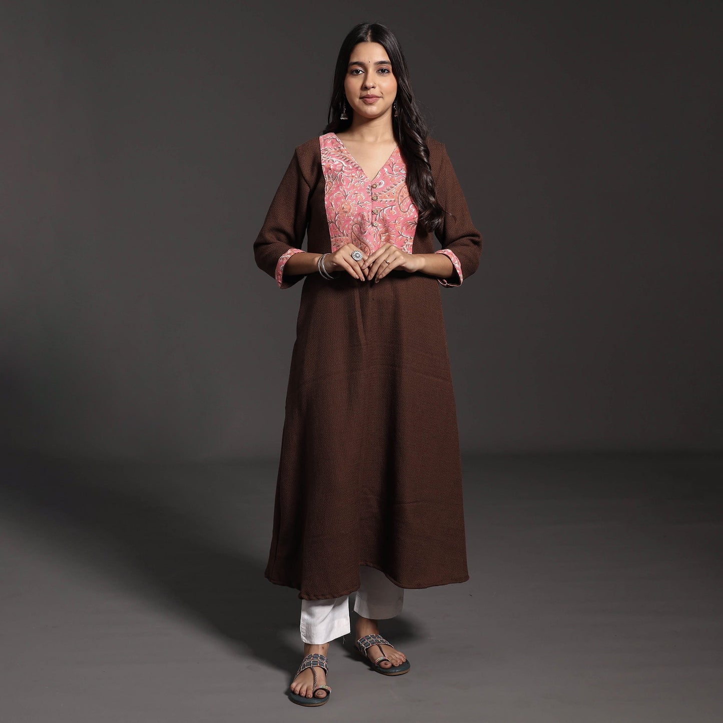 Dark Brown Kumaun Handwoven A-Line Merino Woolen Kurta for Women