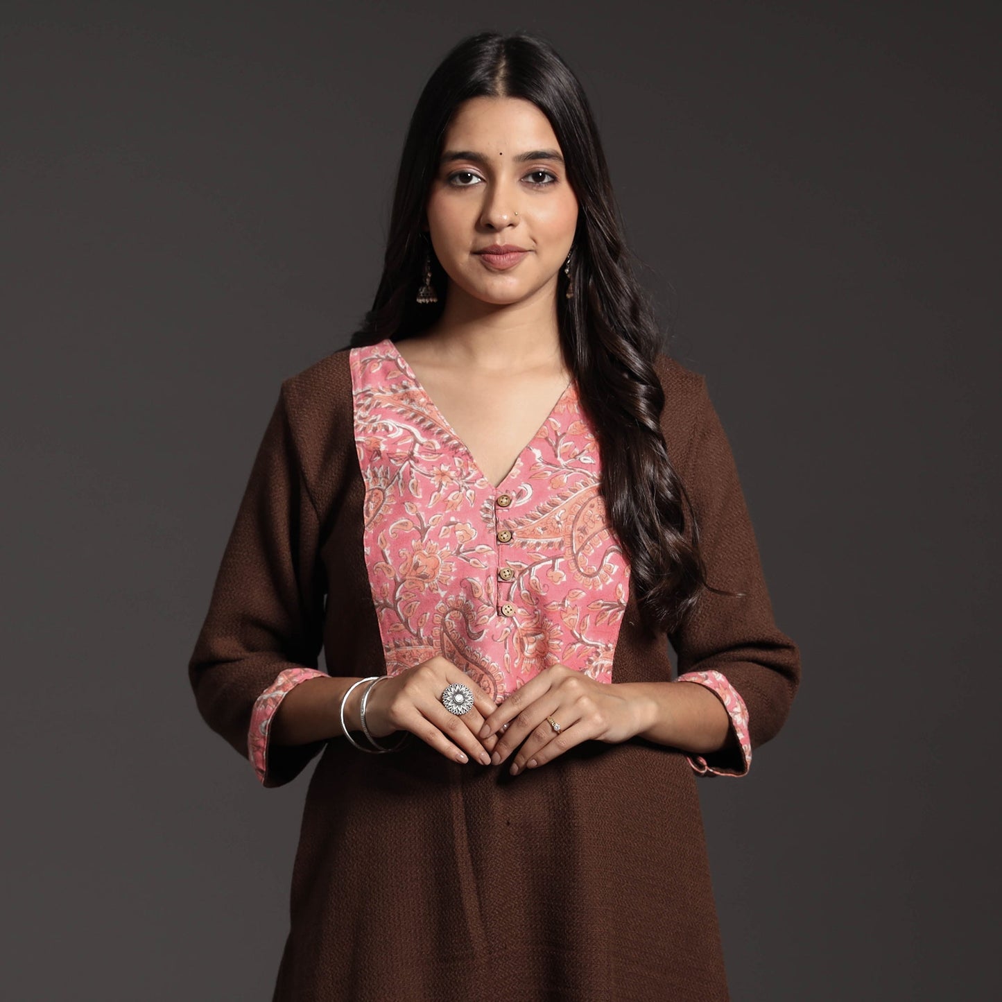 Dark Brown Kumaun Handwoven A-Line Merino Woolen Kurta for Women