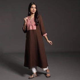 Dark Brown Kumaun Handwoven A-Line Merino Woolen Kurta for Women