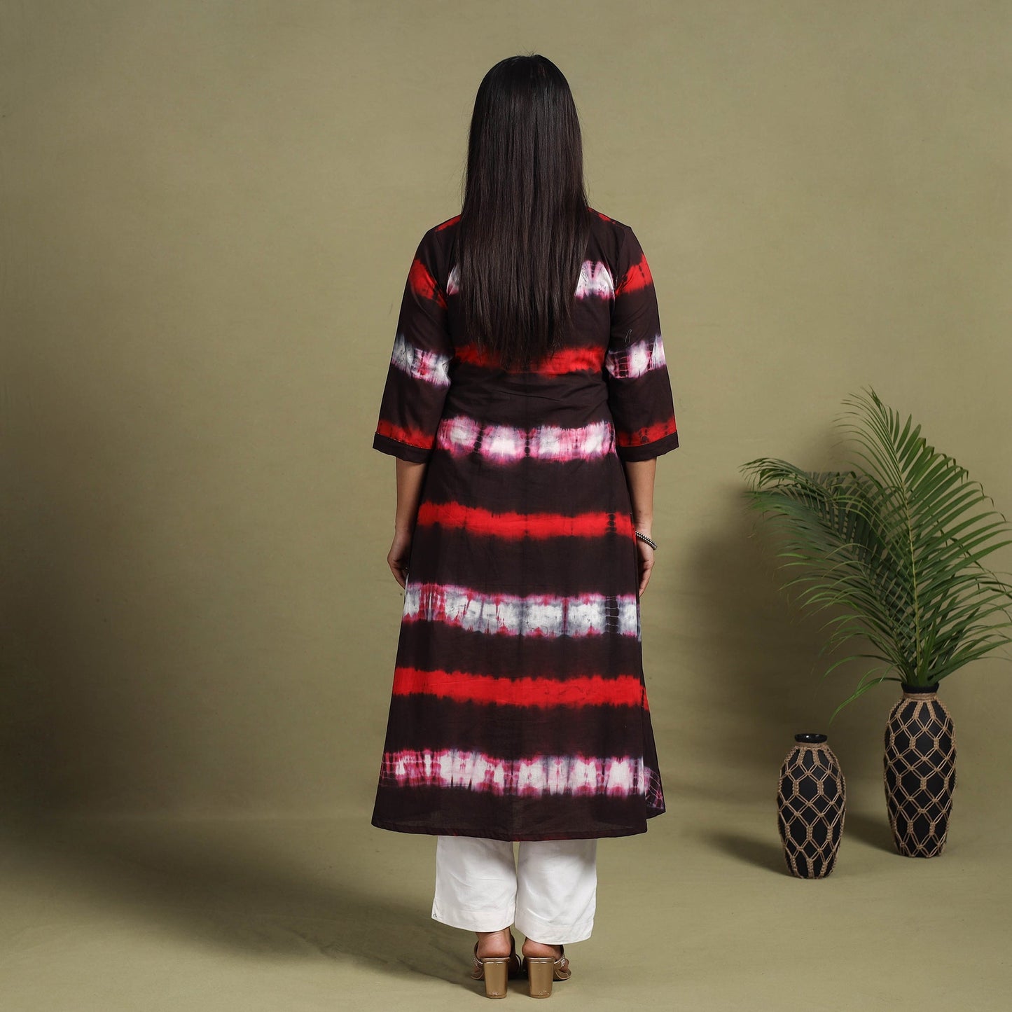 Dark Brown A-Line Tie & Dye Cotton Shibori Kurta for Women