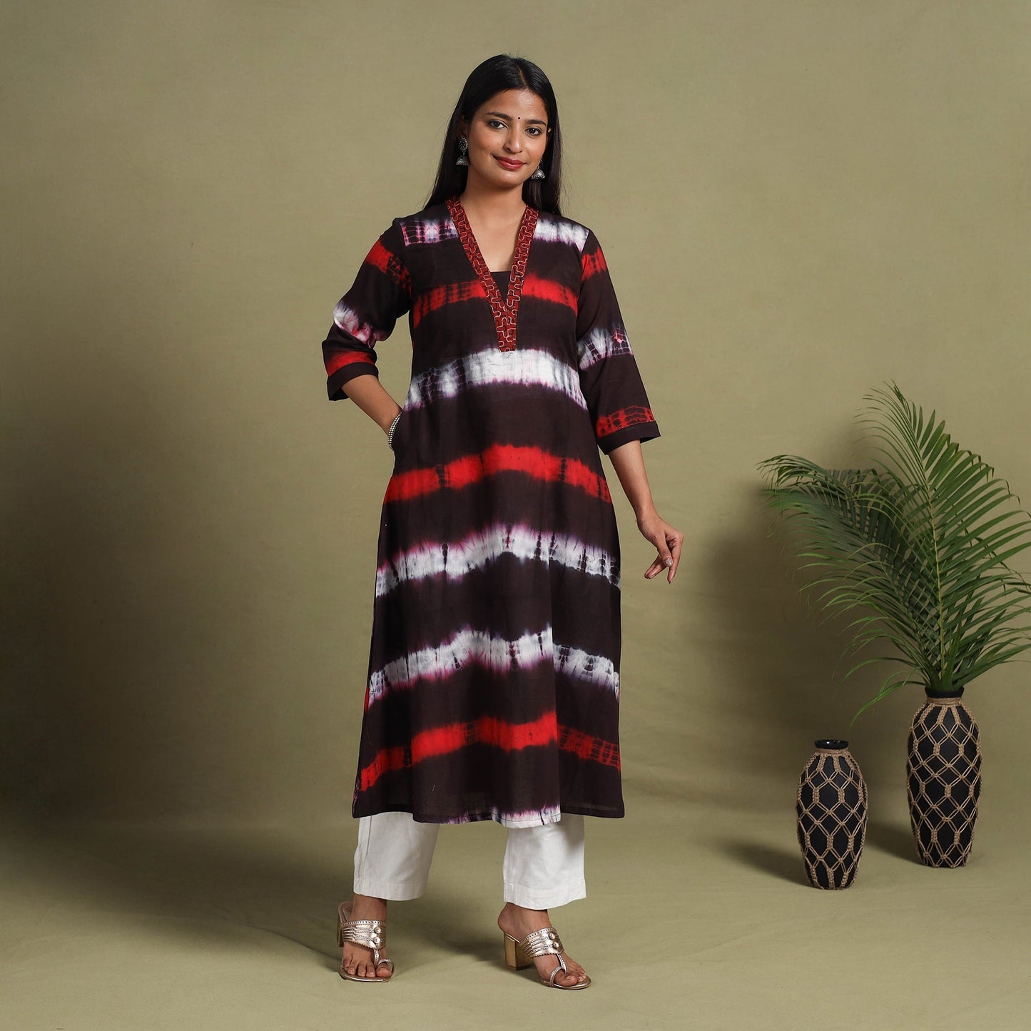 Dark Brown A-Line Tie & Dye Cotton Shibori Kurta for Women