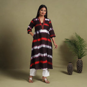 Dark Brown A-Line Tie & Dye Cotton Shibori Kurta for Women