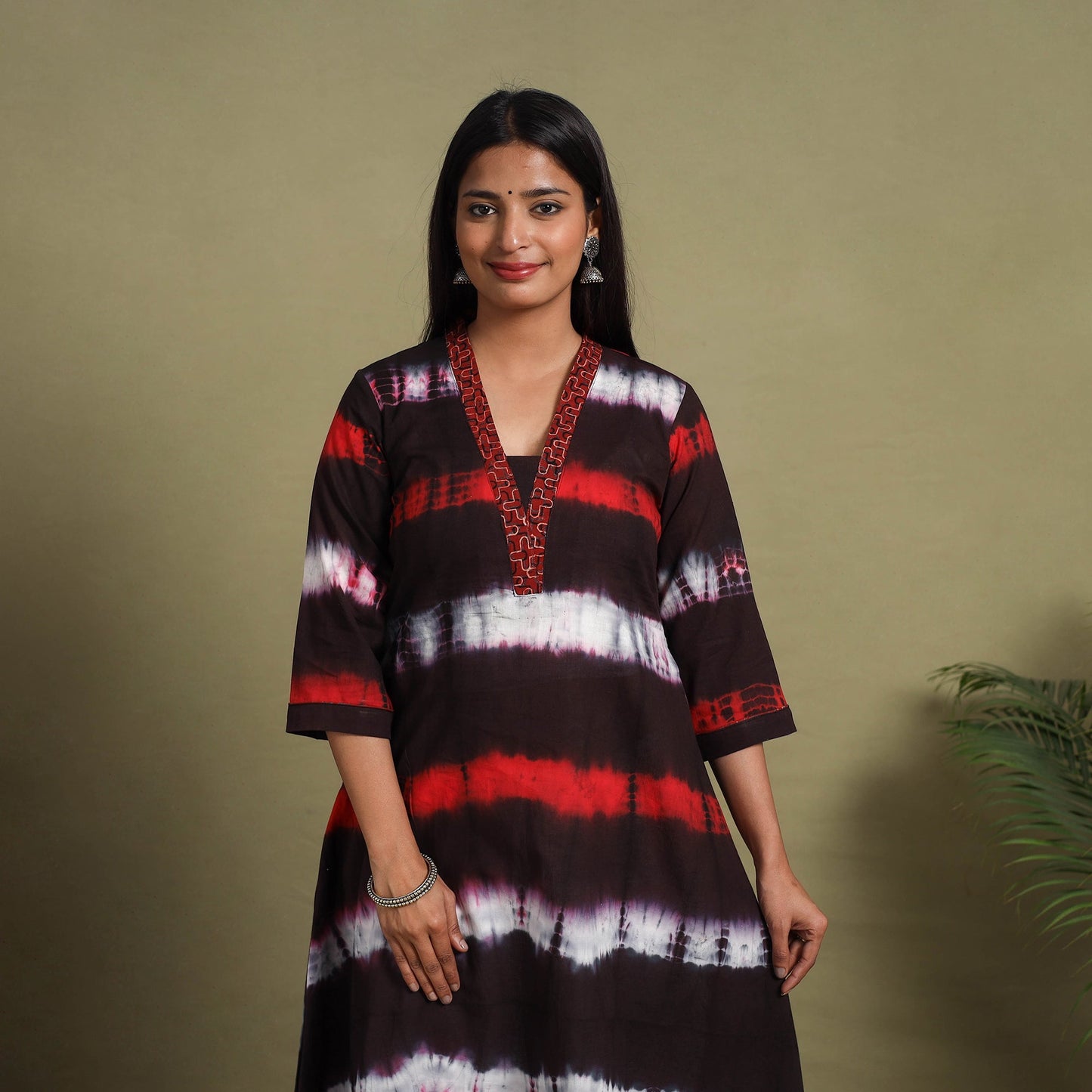 Dark Brown A-Line Tie & Dye Cotton Shibori Kurta for Women