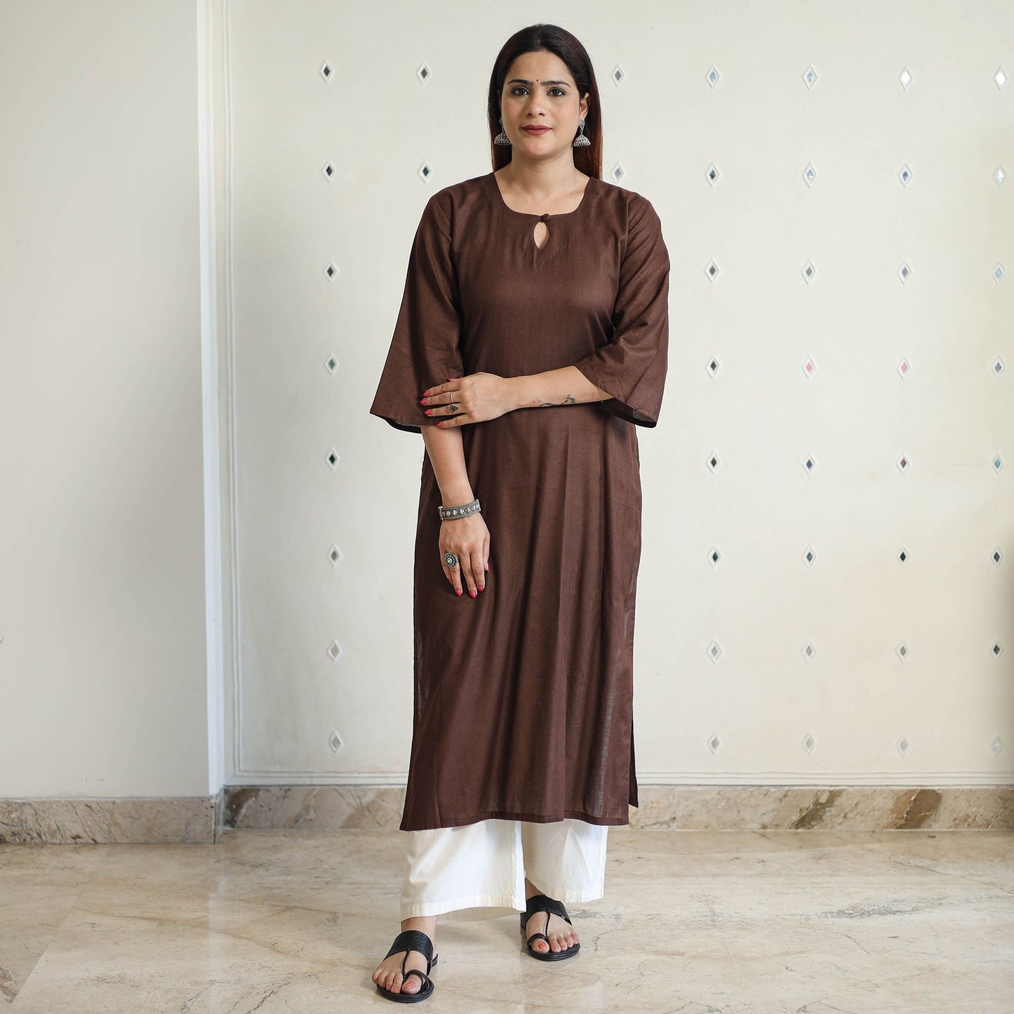 Dark brown - linen viscose plain long straight kurta 43