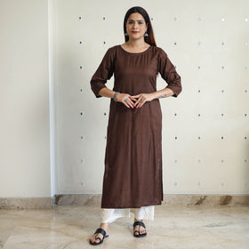 Dark brown - linen viscose plain long straight kurta 44