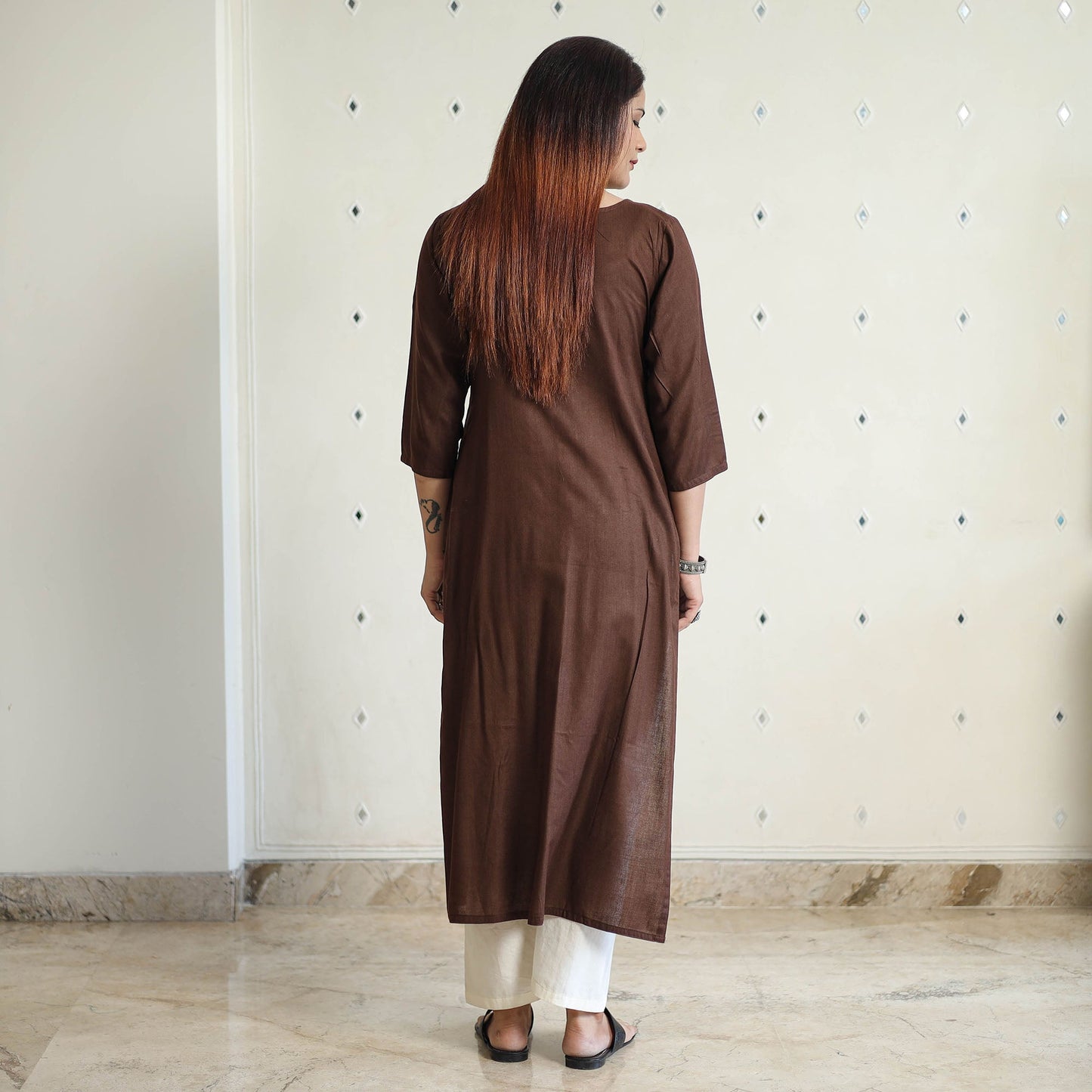 Dark brown - linen viscose plain long straight kurta 44
