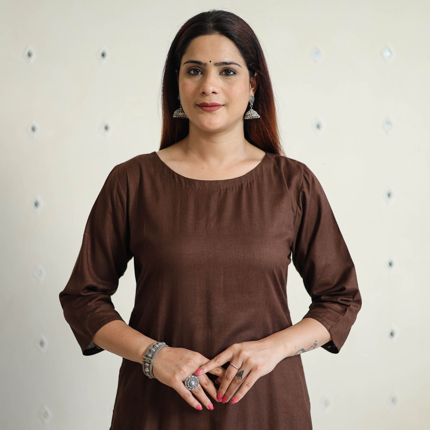 Dark brown - linen viscose plain long straight kurta 44