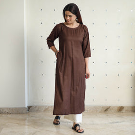 Dark brown - linen viscose plain long straight kurta 44