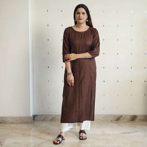 Dark brown - linen viscose plain long straight kurta 44
