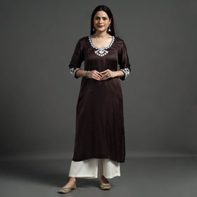 Buy Navy Blue Modal Silk Hand Embroidered Long Kurta l iTokri.com
