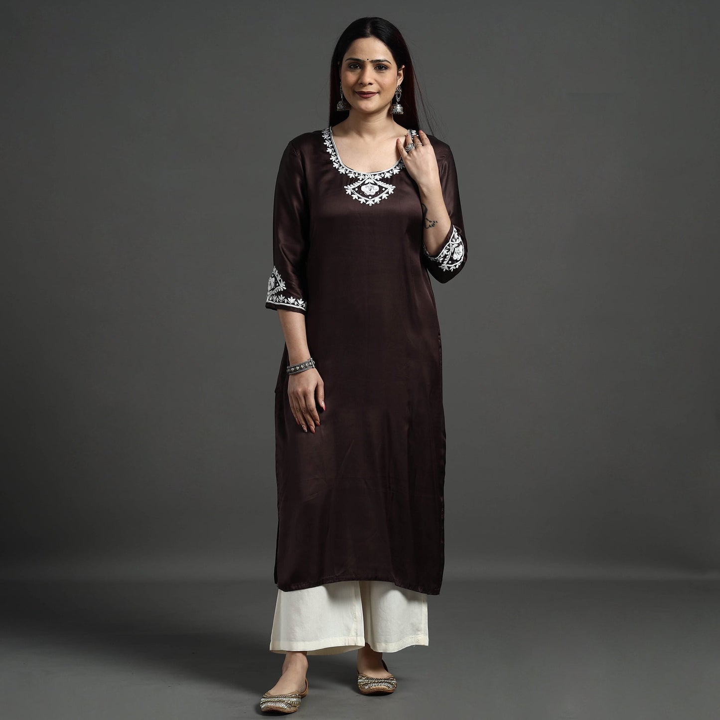 Buy Navy Blue Modal Silk Hand Embroidered Long Kurta l iTokri.com