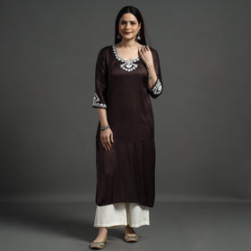 Buy Navy Blue Modal Silk Hand Embroidered Long Kurta l iTokri.com