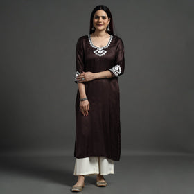 Buy Navy Blue Modal Silk Hand Embroidered Long Kurta l iTokri.com