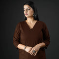 Dark brown plain cotton long kurta - handcrafted