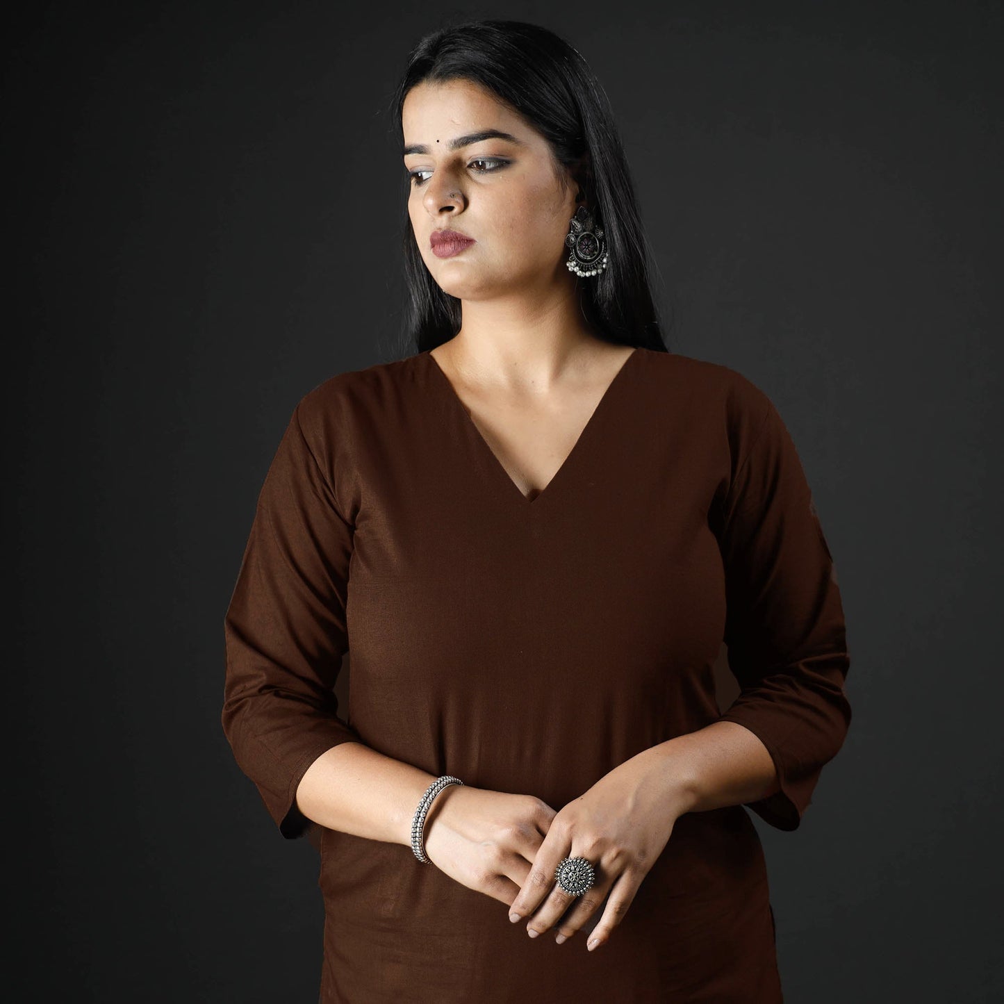 Dark brown plain cotton long kurta - handcrafted