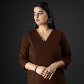 Dark brown plain cotton long kurta - handcrafted