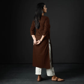Dark brown plain cotton long kurta - handcrafted