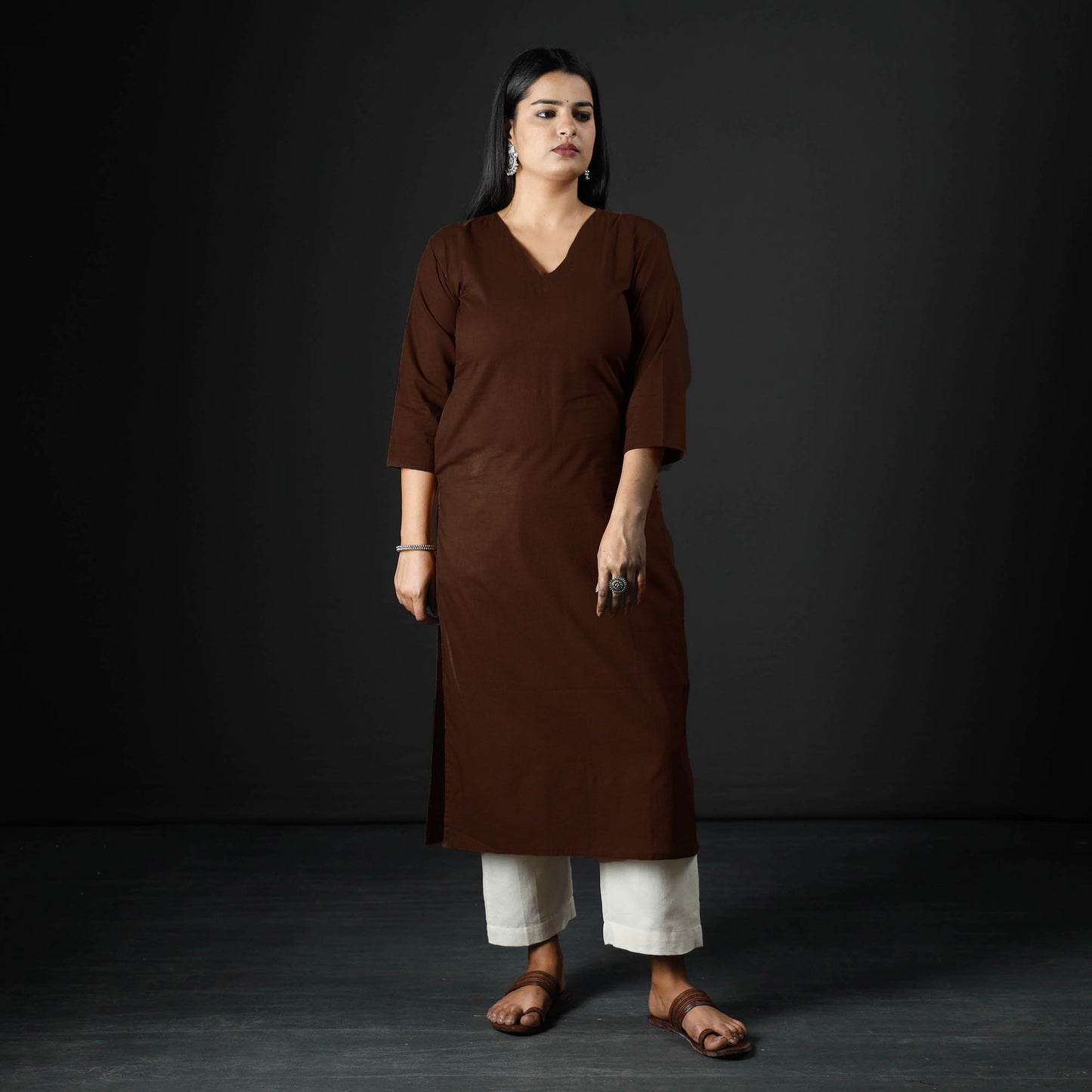 Dark brown plain cotton long kurta - handcrafted