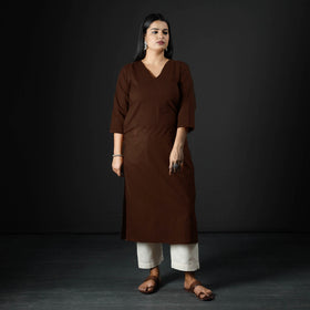 Dark brown plain cotton long kurta - handcrafted