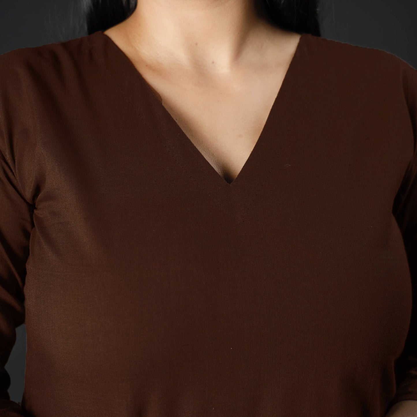 Dark brown plain cotton long kurta - handcrafted