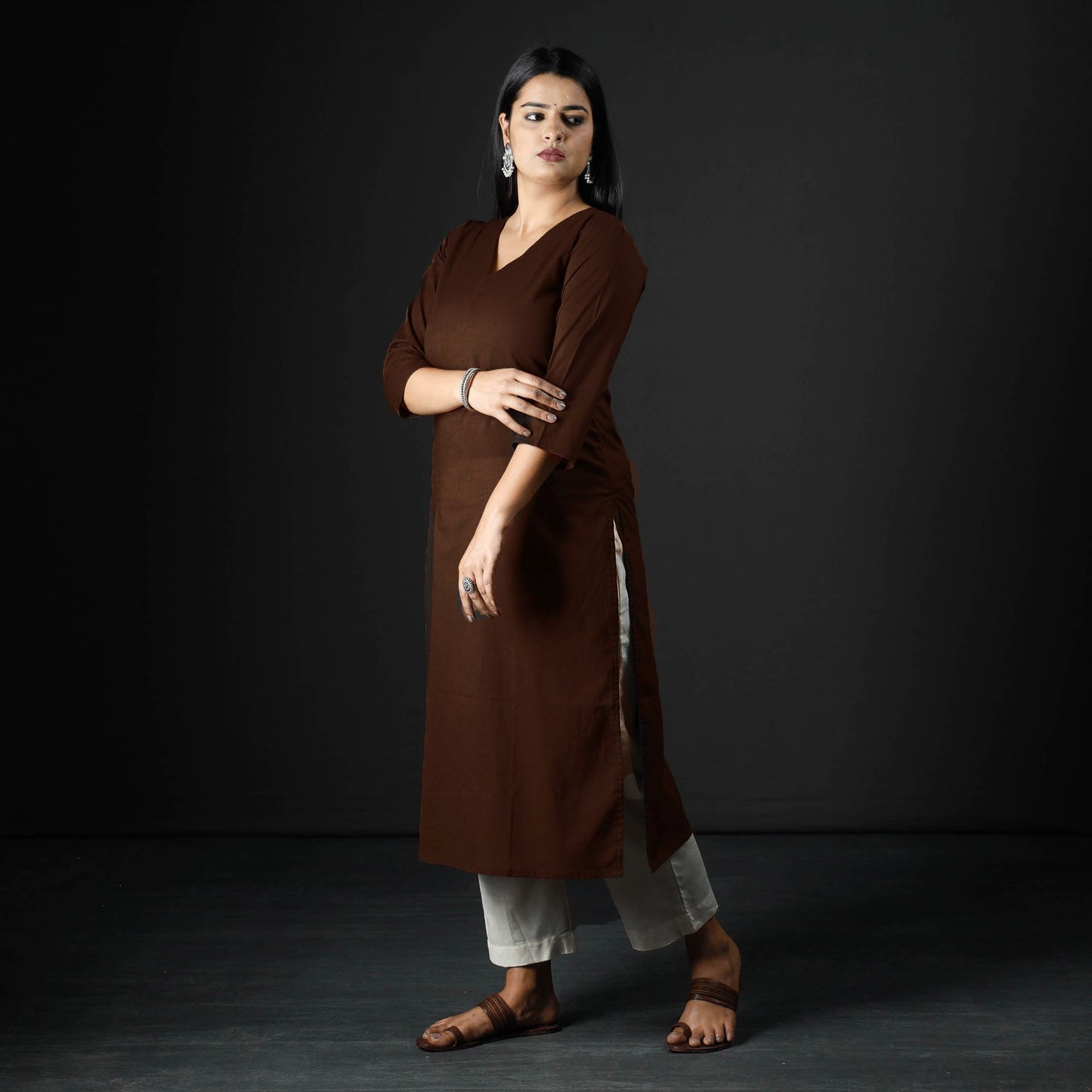 Dark brown plain cotton long kurta - handcrafted