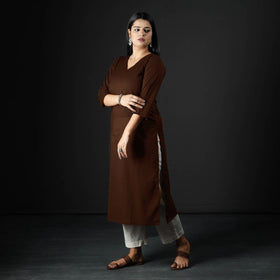 Dark brown plain cotton long kurta - handcrafted
