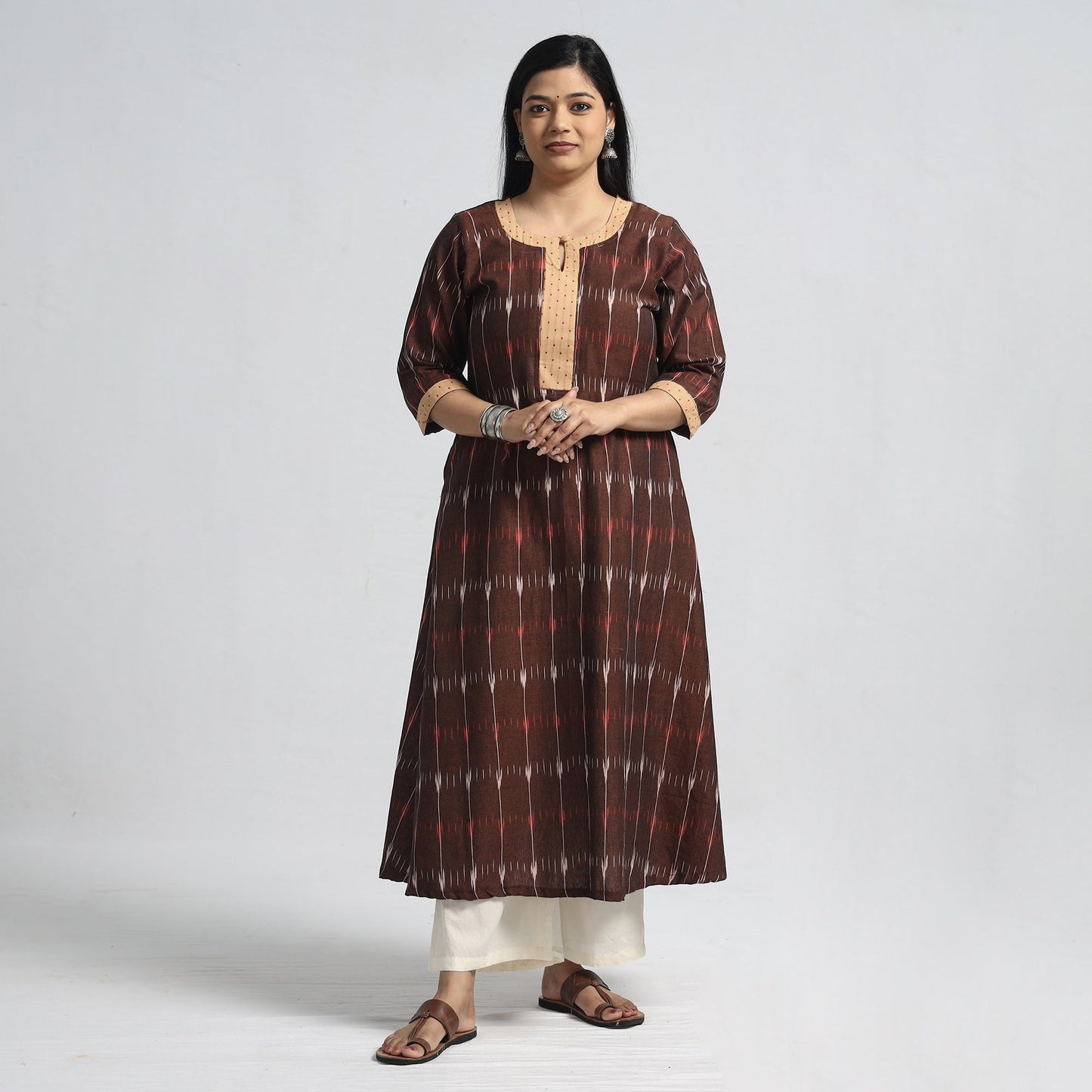 Buy Pochampally Ikat Weave Cotton A-Line Kurta with Jacquard Patchwork Online at iTokri.com