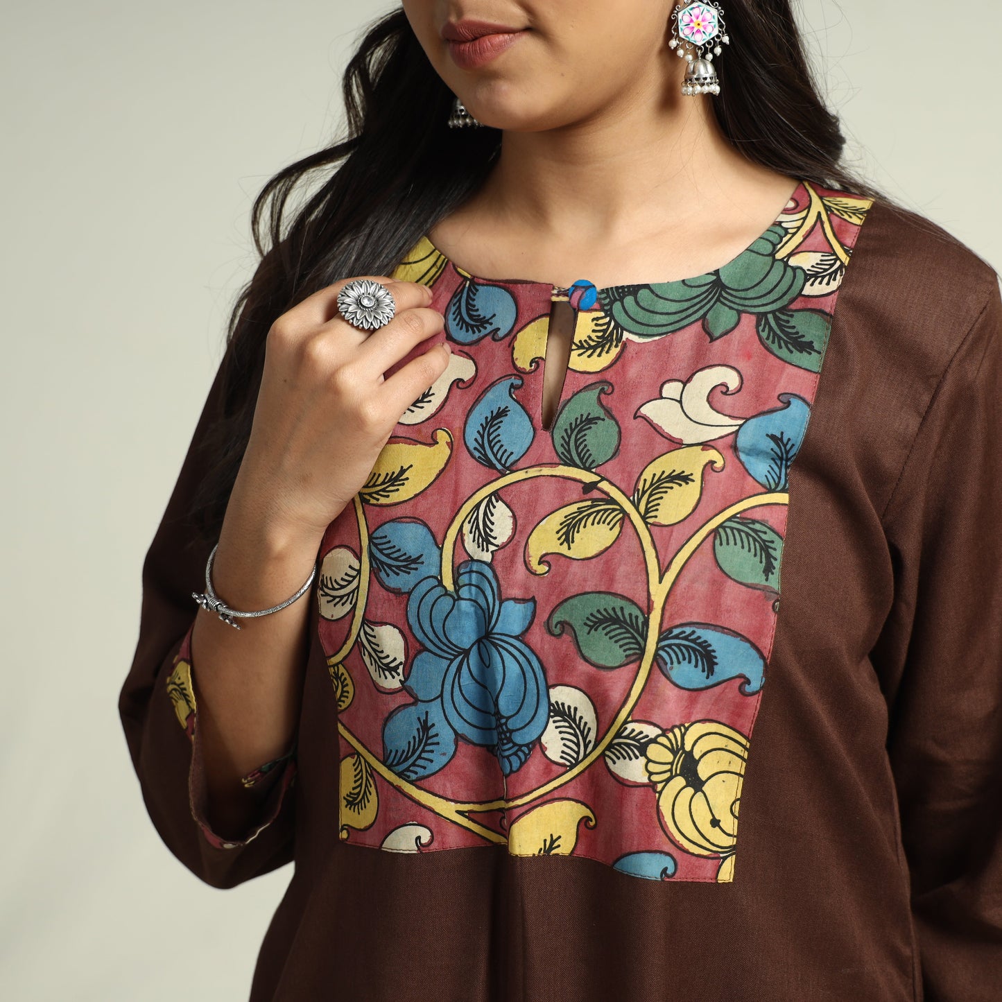 Dark brown - srikalahasti kalamkari patchwork plain linen