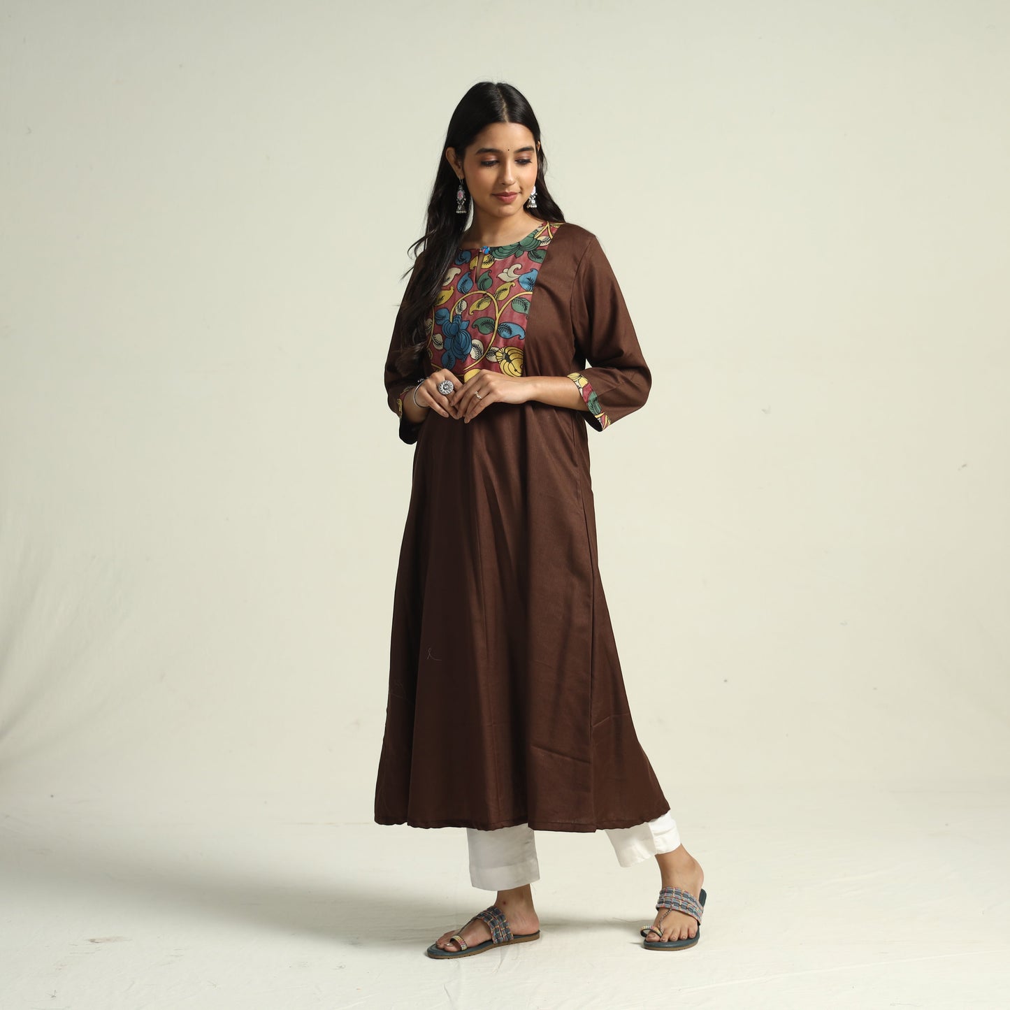 Dark brown - srikalahasti kalamkari patchwork plain linen