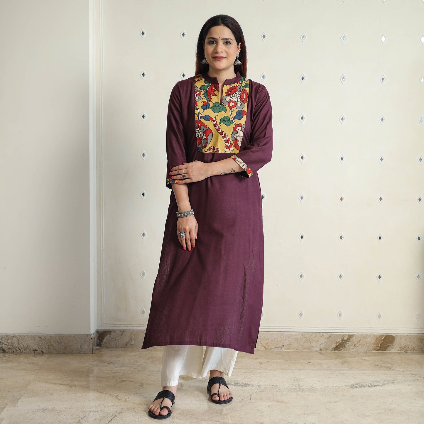 Dark brown - srikalahasti kalamkari patchwork plain linen