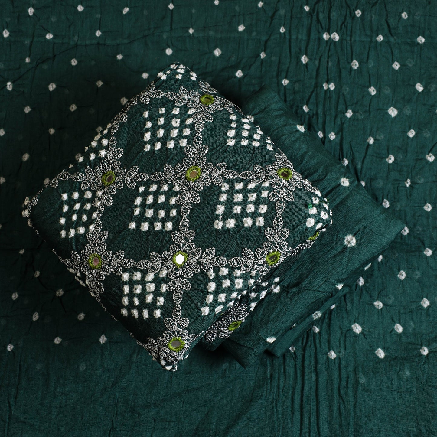 Dark green - 3pc tie & dye satin cotton bandhani unstitched