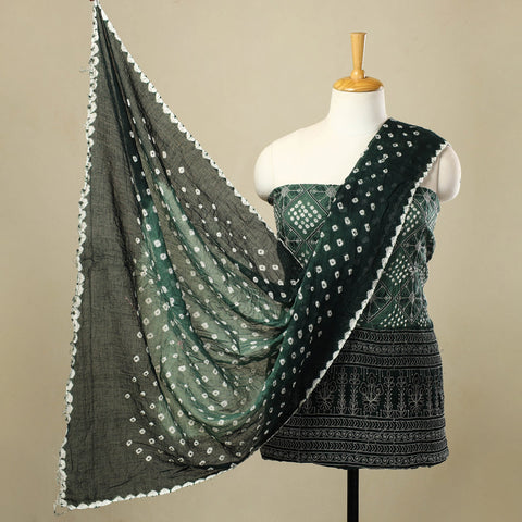 Buy Dark Green 3pc Tie & Dye Satin Cotton Bandhani Dress Material