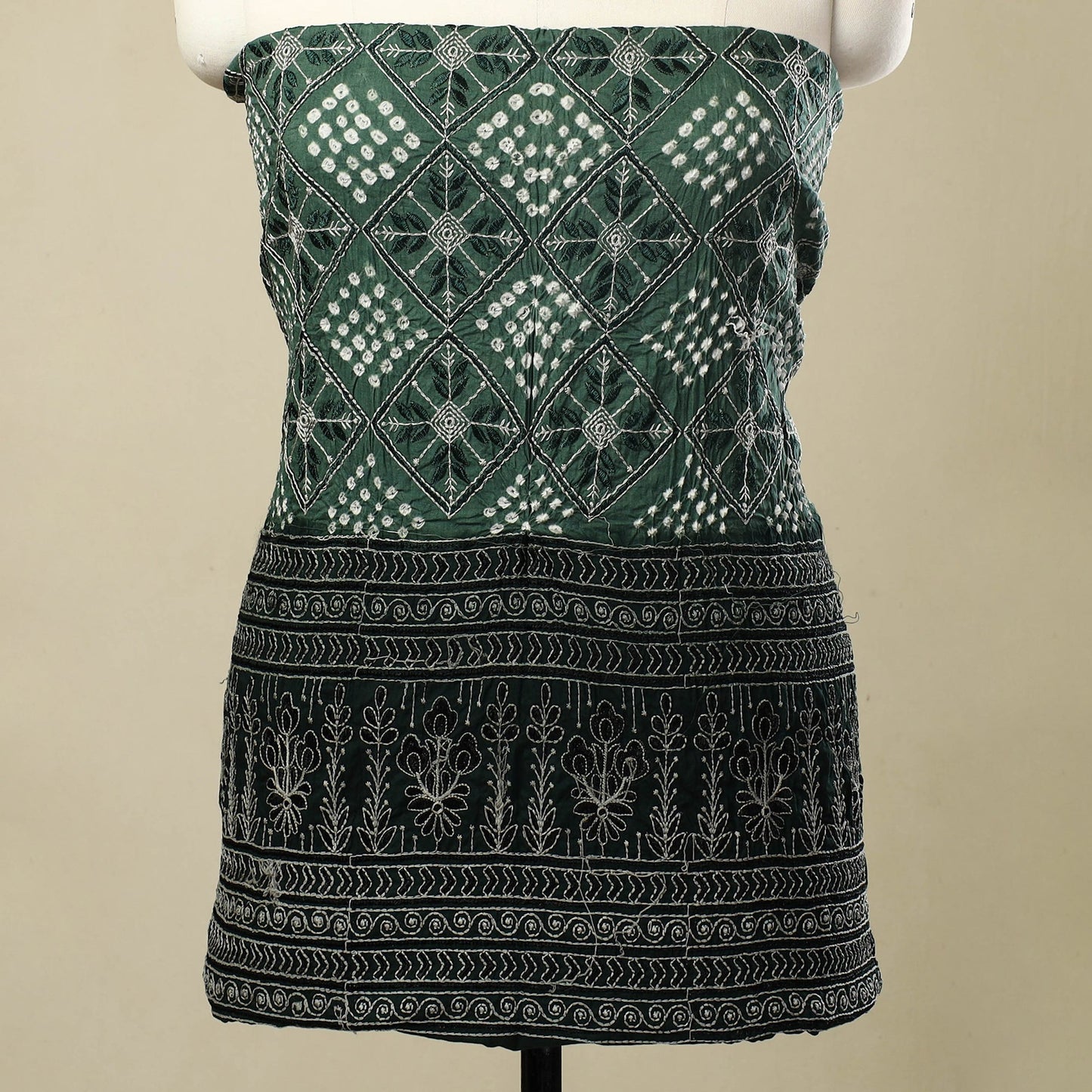 Buy Dark Green 3pc Tie & Dye Satin Cotton Bandhani Dress Material