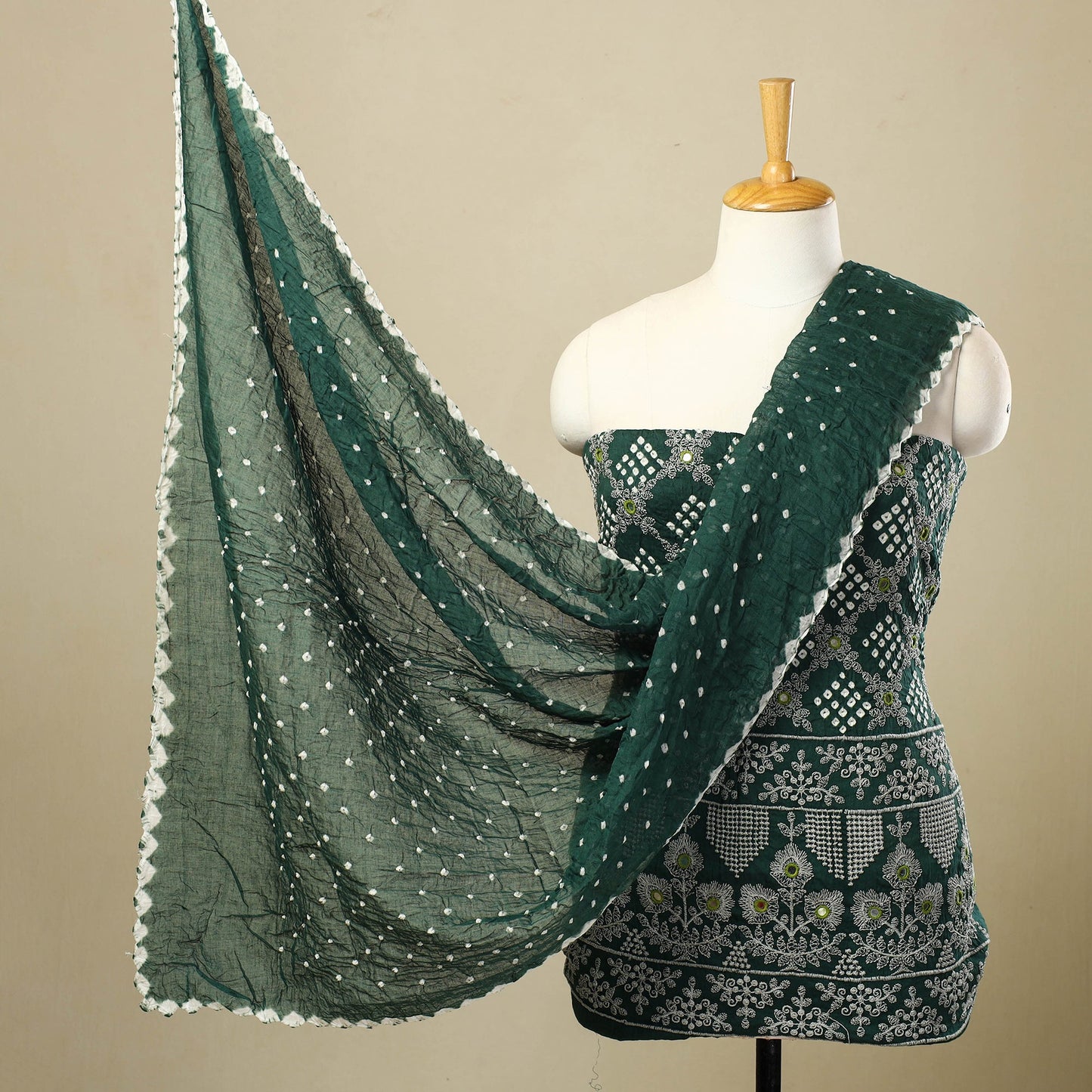 Dark green - 3pc tie & dye satin cotton bandhani unstitched