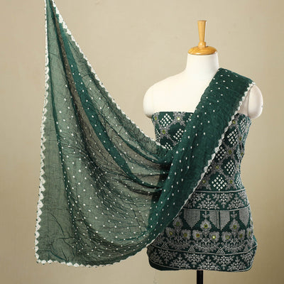 Dark green - 3pc tie & dye satin cotton bandhani unstitched