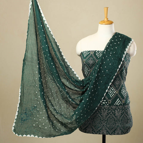 Dark Green 3pc Tie & Dye Satin Cotton Bandhani Dress Material
