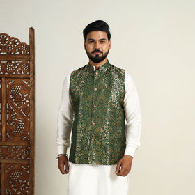 Buy Brocade Silk Dark Green Banarasi Nehru Jacket