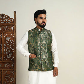 Buy Brocade Silk Dark Green Banarasi Nehru Jacket