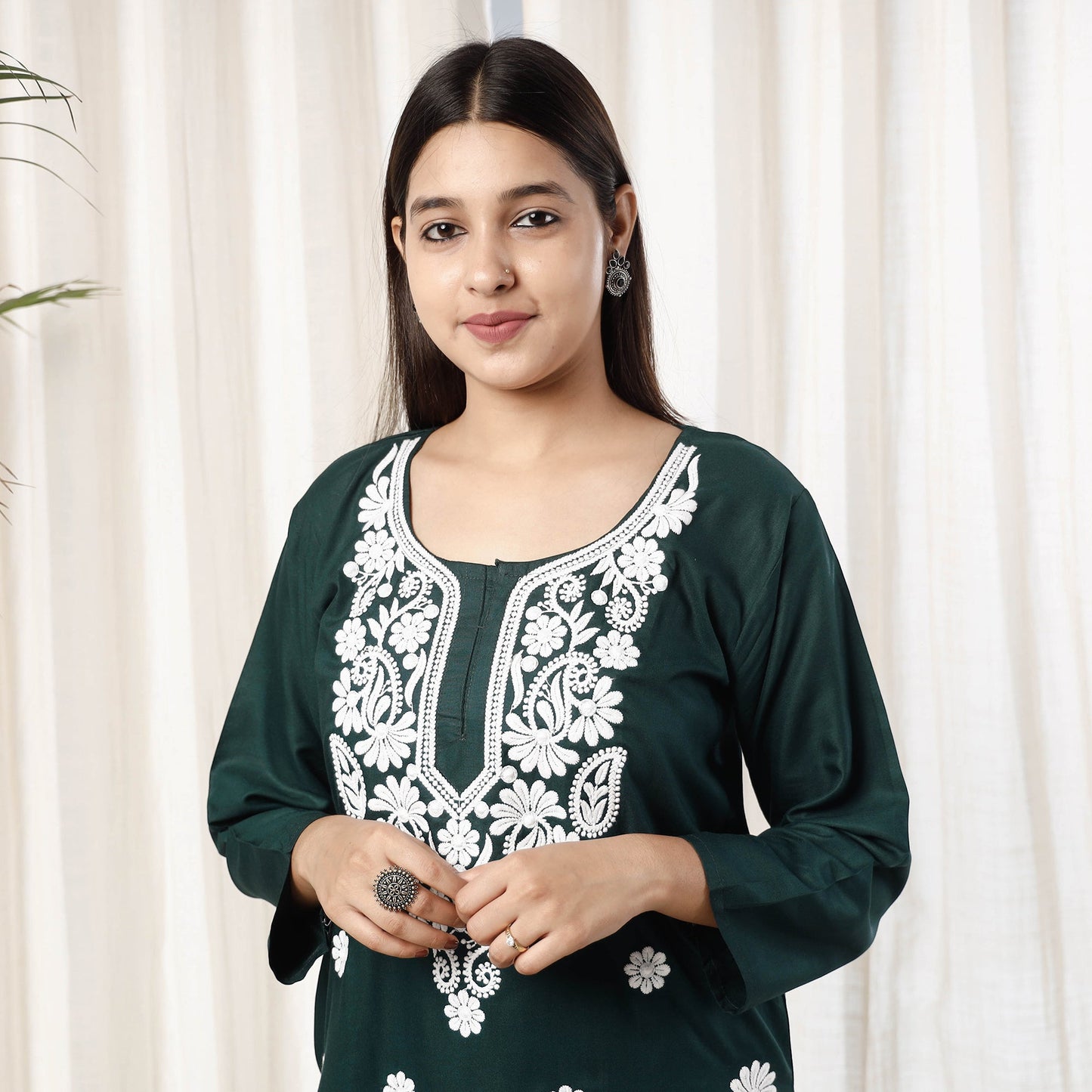 Dark Green Chikankari Embroidery Rayon Cotton Kurta with Pant Set