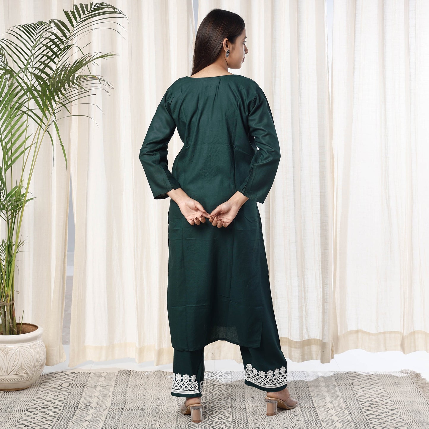 Dark Green Chikankari Embroidery Rayon Cotton Kurta with Pant Set