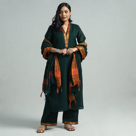 Dark Green - Dharwad Cotton Kurta with Palazzo & Dupatta Set