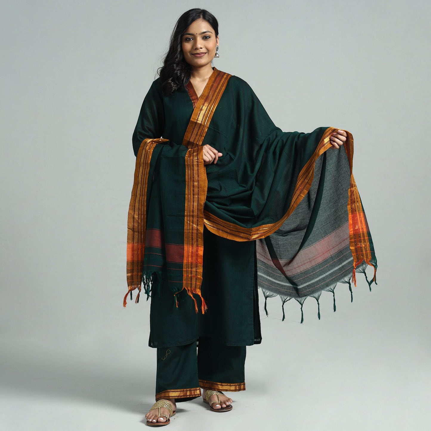 Dark Green - Dharwad Cotton Kurta with Palazzo & Dupatta Set