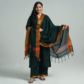 Dark Green - Dharwad Cotton Kurta with Palazzo & Dupatta Set