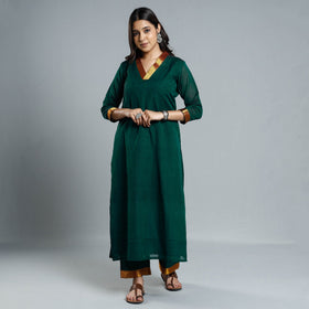 Dark Green Dharwad Cotton Kurta with Palazzo & Dupatta Set