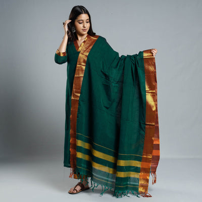 Dark Green Dharwad Cotton Kurta with Palazzo & Dupatta Set