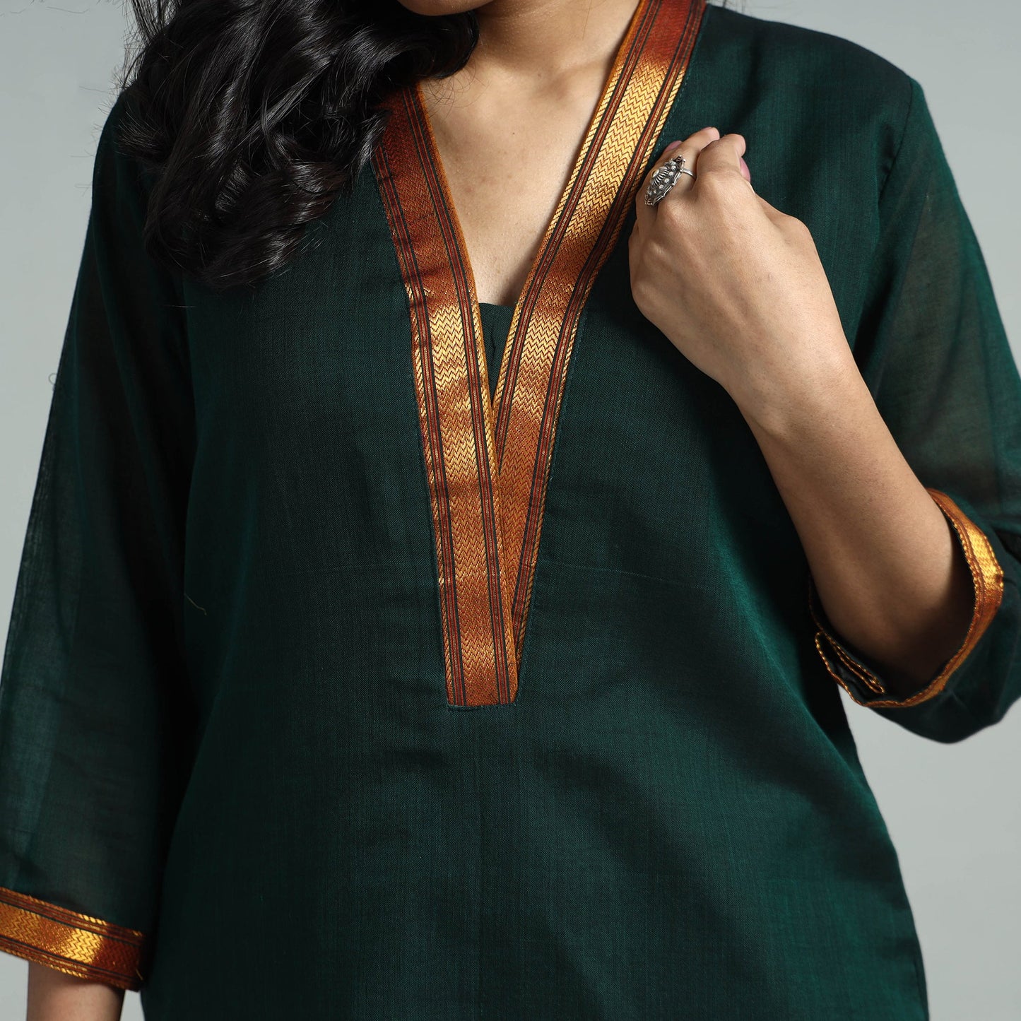 Dark Green - Dharwad Cotton Kurta with Palazzo & Dupatta Set