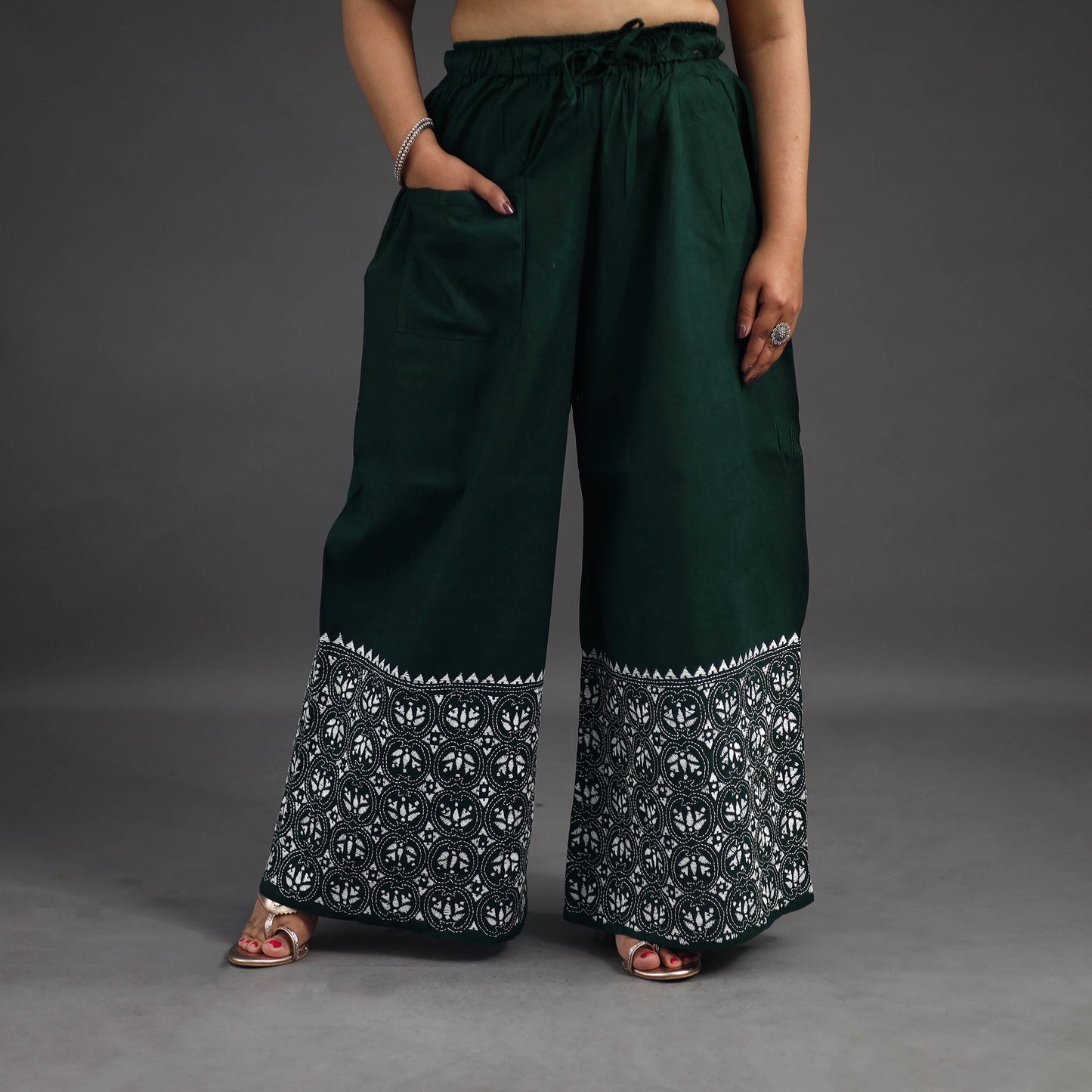 Dark green - kantha hand embroidery palazzo in cotton 50