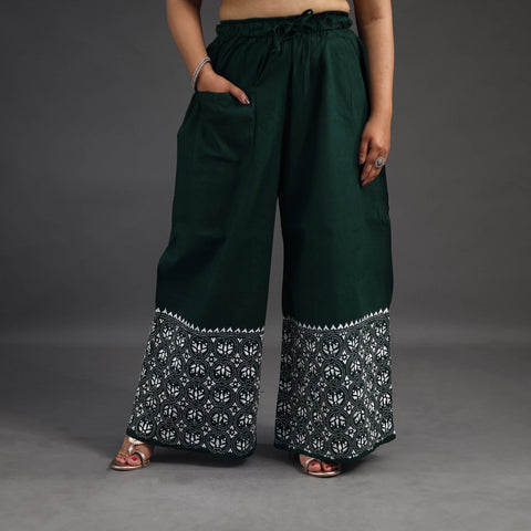 Dark green - kantha hand embroidery palazzo in cotton 50